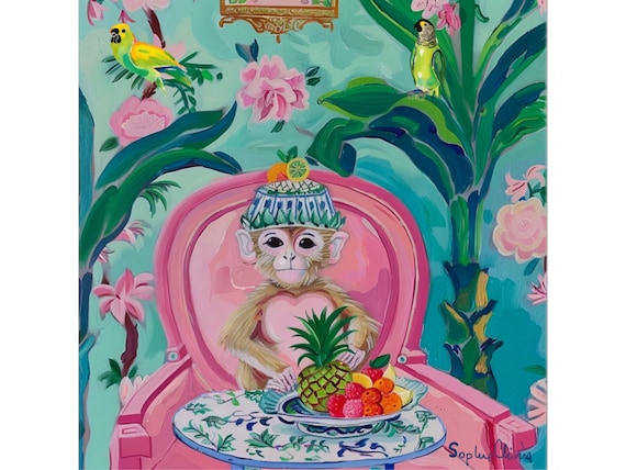 Grandmillennial art, Cheeky monkey and a fruit bowl art print
