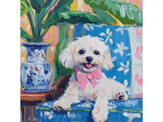 Grandmillennial art, Sitting pretty, portrait of maltipoo pup in pink bow.