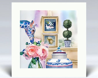 Grandmillennial art, Blue giraffe  in preppy interior watercolor, mounted fine art print
