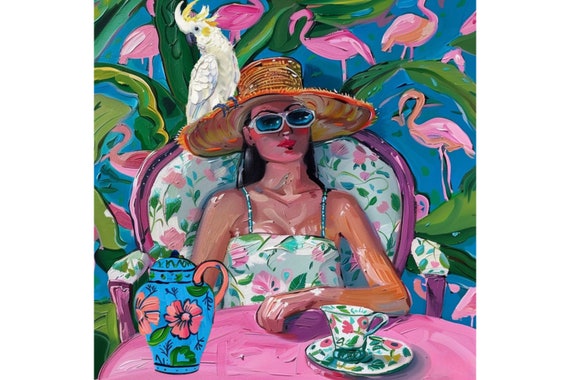 Grandmillennial ar, A girl with white cockatoo, whimsical fine art