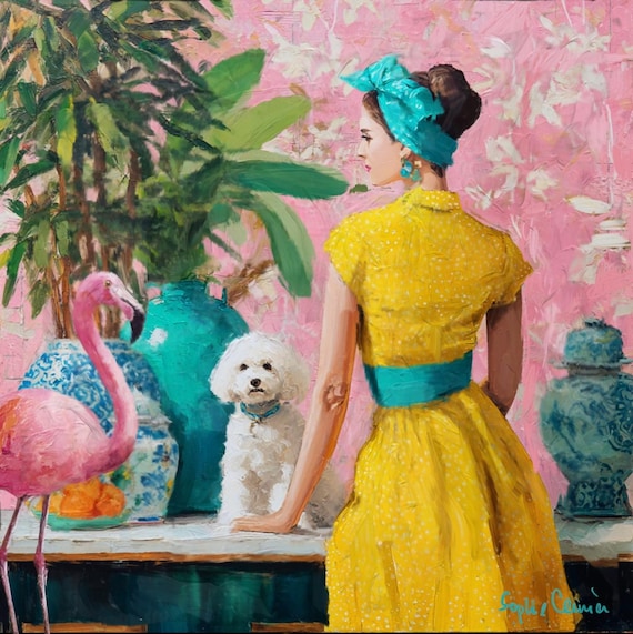Palm Beach Giclée Print: Preppy Woman, Flamingo, Bichon & Chinoiserie