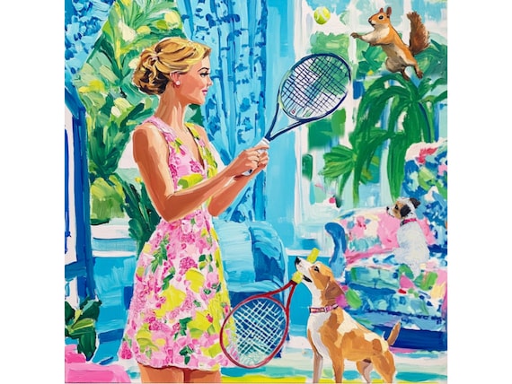 Grandmillennial art, A Game of Tennis, whimsical fine art
