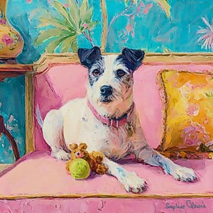 May include: A painting of a white and black dog with a pink collar, resting on a pink sofa. A small brown teddy bear and a green ball are next to the dog. A yellow floral pillow and a blue and green patterned background complete the scene.