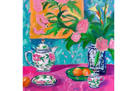 Roses in chinoiserie vase, original oil painting