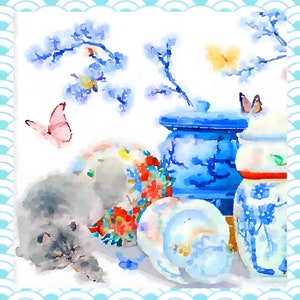 Grandmillennial art, Watercolor chinoiserie print, kitten and chinoiserie jars grandmillennial style  print