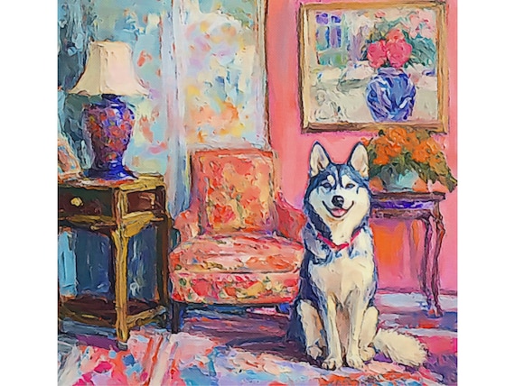 Grandmillennial art, Smiling Husky in Orange interior, whimsical fine art