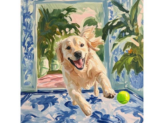 Grandmillennial art, Golden Retriever chasing a tennis ball, whimsical fine art
