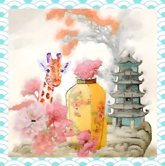 Chinoiserie Giraffe Watercolor Art Print: Fantasy Landscape (Printable File)