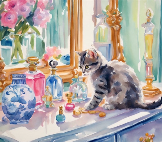 Grandmillennial art, Preppy whimsical watercolor, kitten and the dressing table