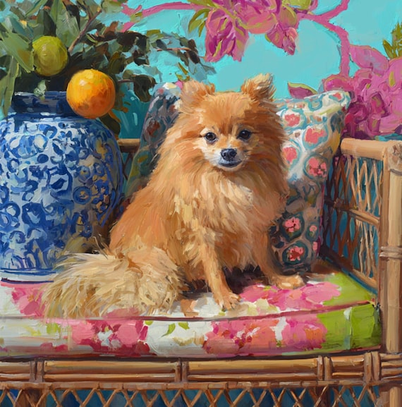 Grandmillennial art, Coastal chinoiserie dog portrait on rattan chair