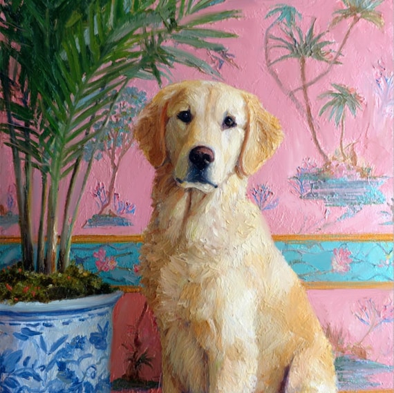 Grandmillennial art, Golden Retriever in pink room, preppy coastal dog portrait