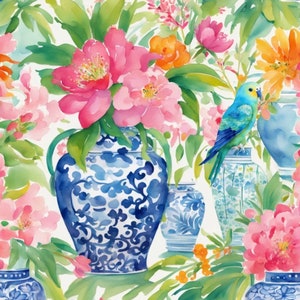 Peut inclure: Une peinture à l'aquarelle d'un vase en porcelaine bleu et blanc avec des pivoines roses et un perroquet bleu et vert. Le vase est décoré d'un motif floral et le perroquet est perché sur un vase plus petit.