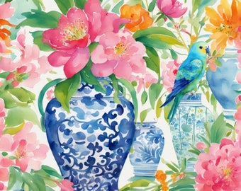 Grandmillennial art, Preppy budgie and peonies in chinoiserie jar, watercolor painting