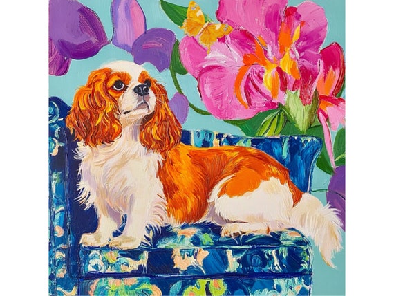Grandmillennial art, King Charles Spaniel and a yellow butterfly, whimsical dogs art