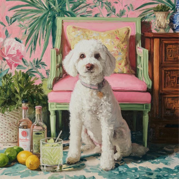 Grandmillennial art, Drinks, anyone? Coastal chinoiserie dog art in pastel pink and green