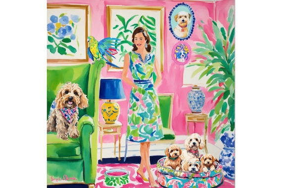 Parrot and Puppies Art Print: Whimsical Grandmillennial Decor