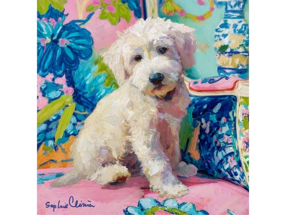 Grandmillennial art, White Labradoodle in preppy chinoiserie interior, whimsical dog art