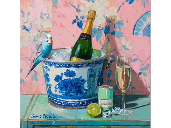 Budgie Champagne Giclée Print: Preppy Chinoiserie Bar Cart Art