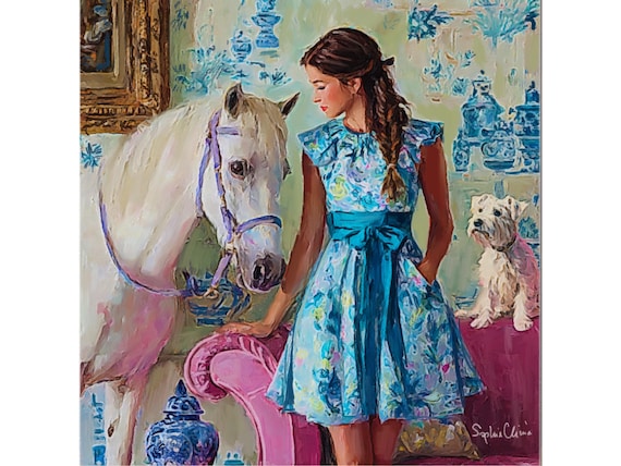 Grandmillennial art, A girl with a white horse, whimsical fine art