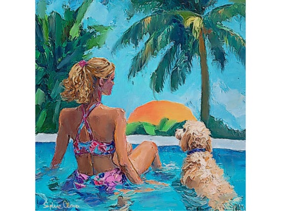 Coastal Art Print: Woman, Dog, Palm Beach Sunset - Sophie Clima