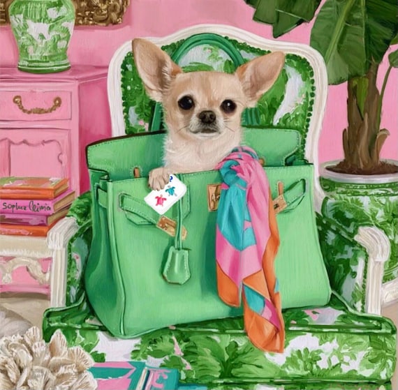 Sitting pretty, Chihuahua and mahjong tile in a Birkin bag, whimsical dog art