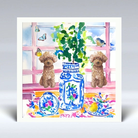 Grandmillennial art, Two dogs and chinoiserie jars in preppy interior, mounted fine art print