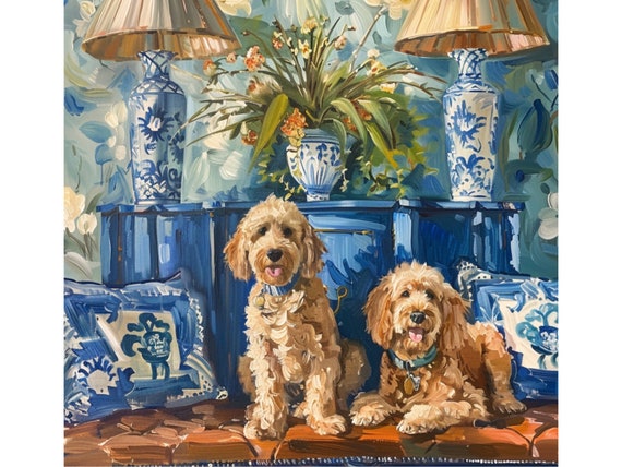 Grandmillennial art, Golden doodles in preppy chinoiserie interior, whimsical watercolor