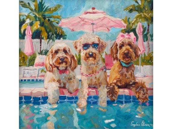 Grandmillennial art, Labradoodles and Multipoo at the swimming pool, whimsical Palm Beach art