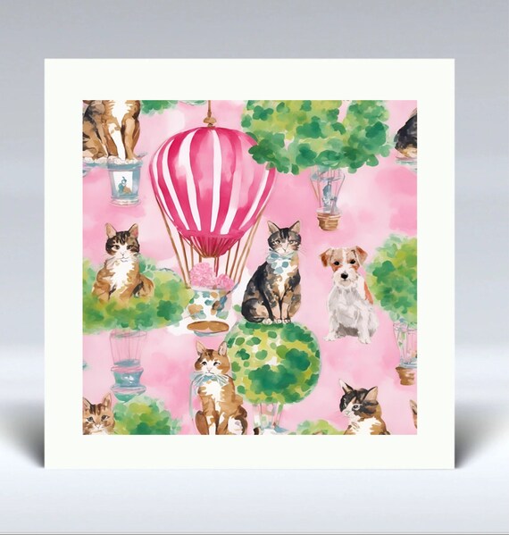 Grandmillennial art, Patch dreamt for kitties to fly away in a giant air balloon….