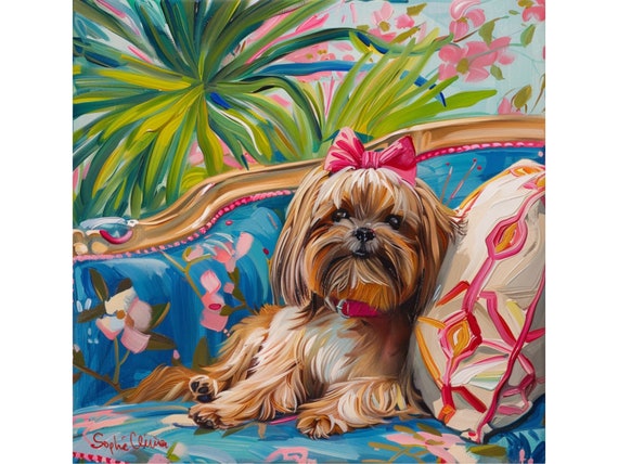 Grandmillennial art, Shih Tzu girl in preppy chinoiserie interior, whimsical painting
