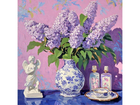 grandmillennial art, Still life with lilac in blue and white vase,  oil painting