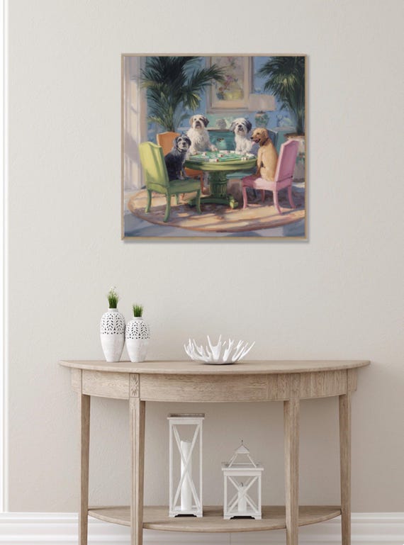 Grandmillennial art, Dogs playing Mahjong, Whimsical Dogs scene