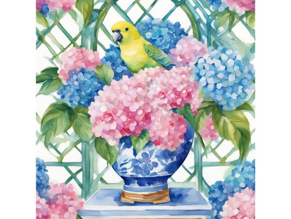 Grandmillennial art, Preppy budgie and hydrangea flowers in chinoiserie jar, watercolor painting