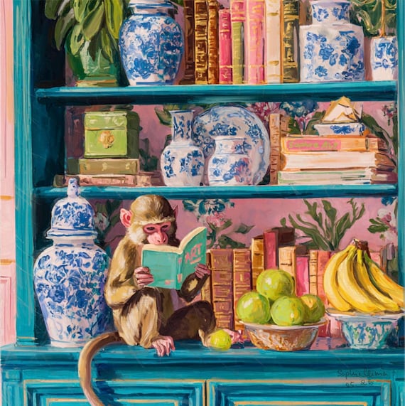 Cheeky monkey in a reading nook signed art print