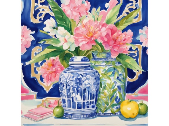 Grandmillennial art, Preppy budgie and peonies in chinoiserie jar, watercolor painting