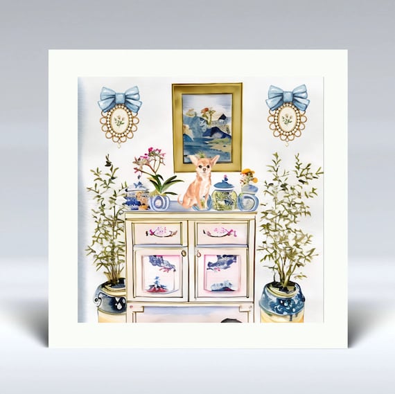 Grandmillennial Dog Art: Preppy Interior Watercolor Print (30x30cm)