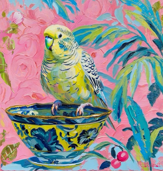 Grandmillennial art, yellow budgie on chinoiserie bowl, whimsical fine art