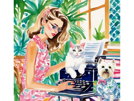 Grandmillennial art, Working together, preppy whimsical watercolor