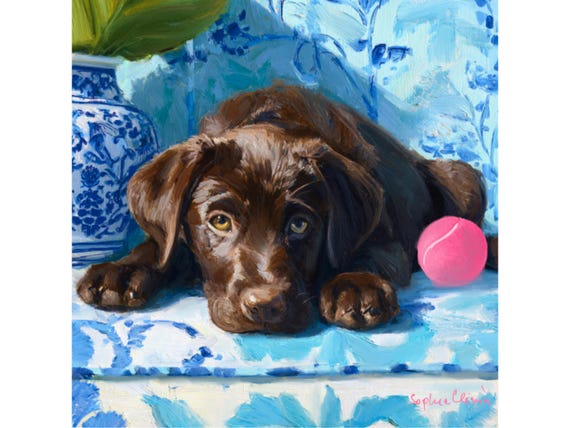 Grandmillennial art, Waiting to play fetch, whimsical Labrador art