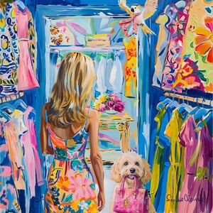Puede incluir: Pintura impresionista de una mujer con un vestido floral frente a un armario lleno de ropa colorida. Un perro sostiene un bolso rosa. Un loro con una bufanda vuela por encima. La pintura est&aacute; firmada "Sophie Ulmer".