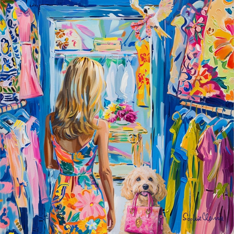 Puede incluir: Pintura impresionista de una mujer con un vestido floral frente a un armario lleno de ropa colorida. Un perro sostiene un bolso rosa. Un loro con una bufanda vuela por encima. La pintura est&aacute; firmada "Sophie Ulmer".