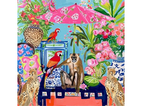 Cheetah & Monkey Chinoiserie Art Print: Grandmillennial Decor