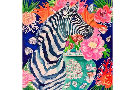 Grandmillennial decor, Chinoiserie zebra, peonies and ginger jar, watercolor painting