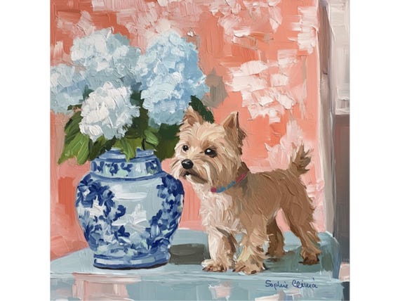 Grandmillennial art, Terrier and blue hydrangea, fine art dog print