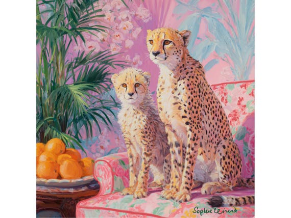 Cheetah Cub Art Print: Pink Chinoiserie Grandmillennial Decor