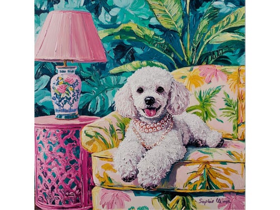 Poodle in Pearls Art Print: Palm Beach Grandmillennial Dog Portrait