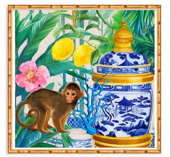 Grandmillennial art, Monkey and chinoiserie jar in tropical garden