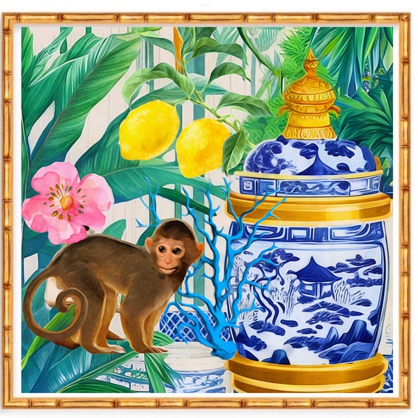 Grandmillennial art, Monkey and chinoiserie jar in tropical garden
