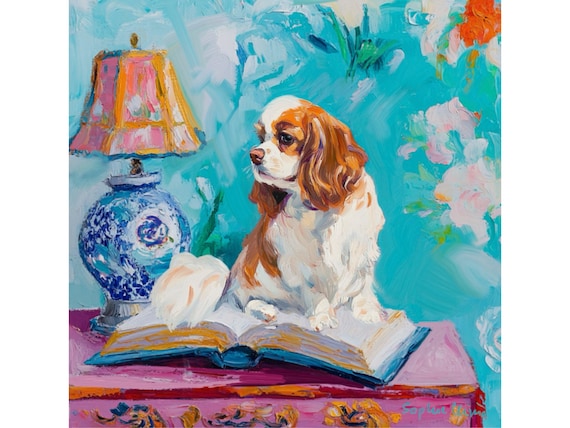 Grandmillennial art, King Charles Spaniel, whimsical dogs art