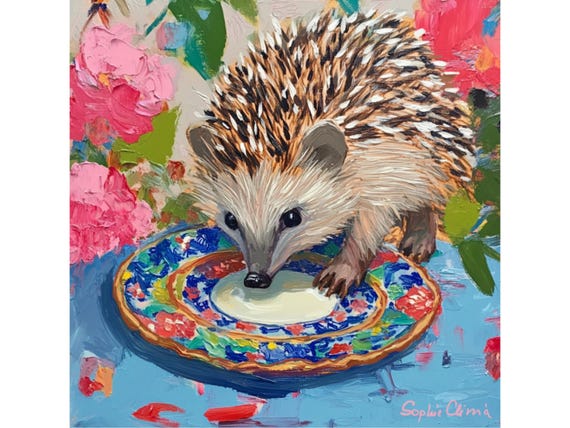 Hedgehog Drinking Milk Art Print: Whimsical Grandmillennial Decor